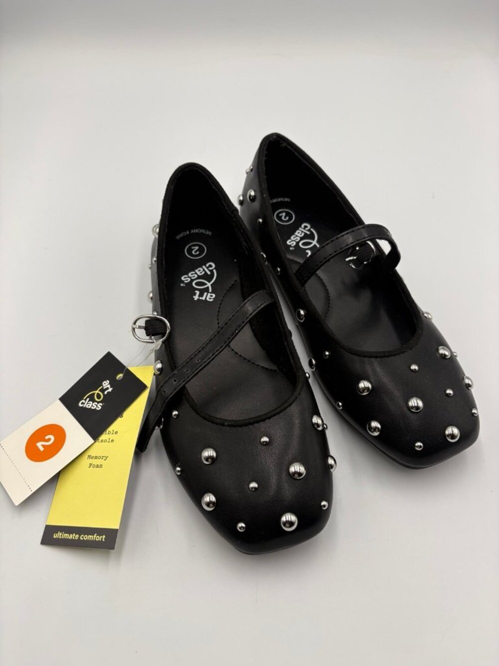 Art Class Girls Black Studded Mary Jane Flats Size 2 Memory Foam New With Tags